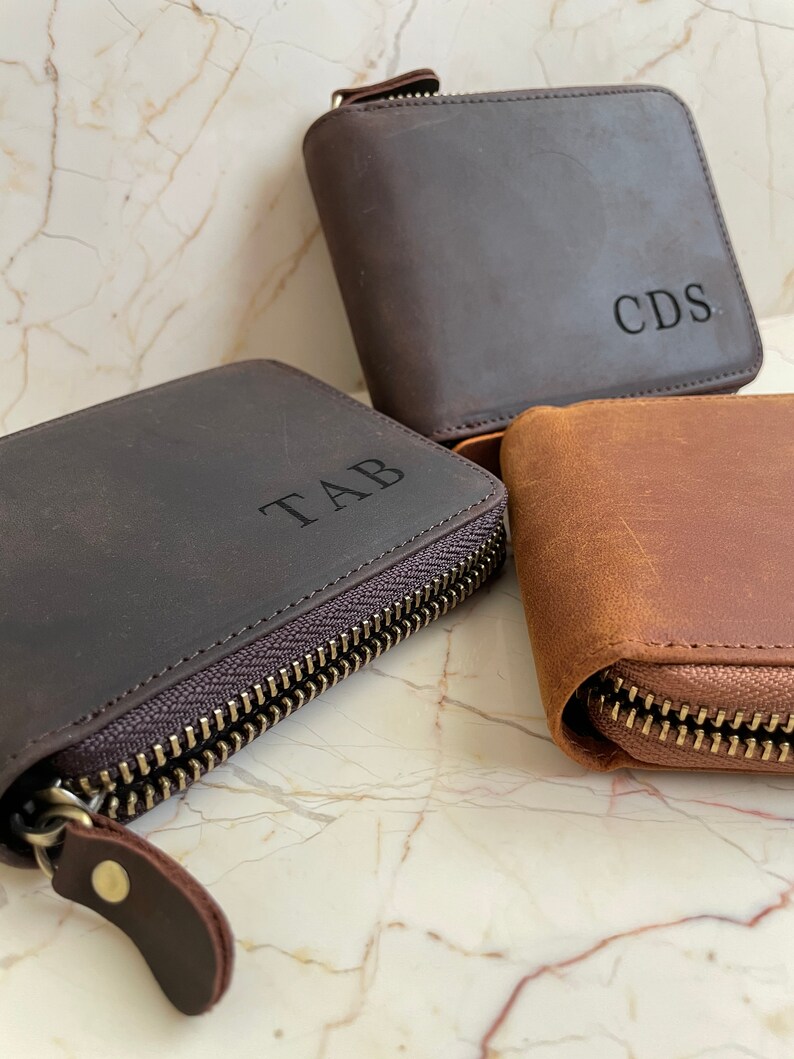 Engraved Leather Wallet Zipper Wallet Leather Wallet Mens Etsy