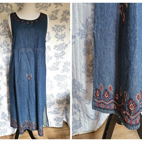 Size L Vintage 1990s Embroidered Denim Midi Dress