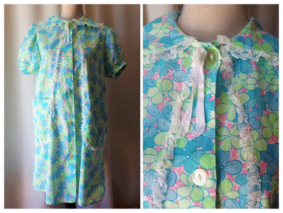 Vintage 1970s Floral Cotton Nightie Or Housecoat S