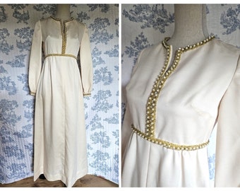 Size S Vintage 1970s Beaded Cream Maxi Dress