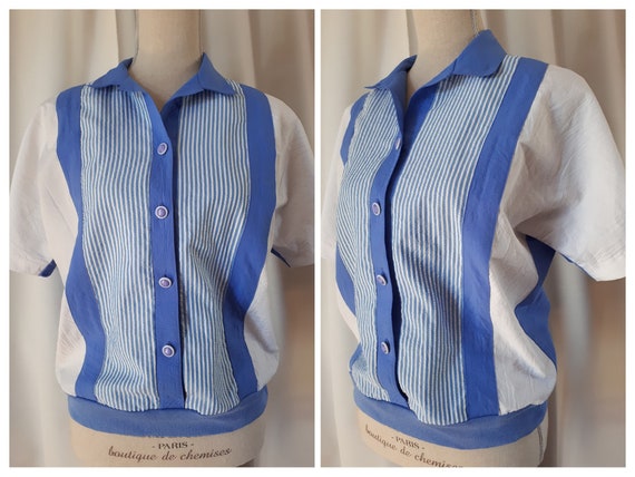 Vintage 1980s Blue Striped Polyester Top Size Smal