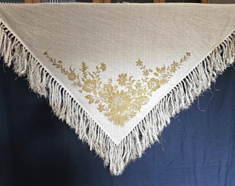 Vintage Fringed Shawl Gold Floral