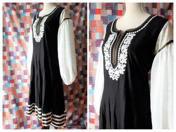 Vintage 1970s Embroidered Midi Dress Bishop Sleeve