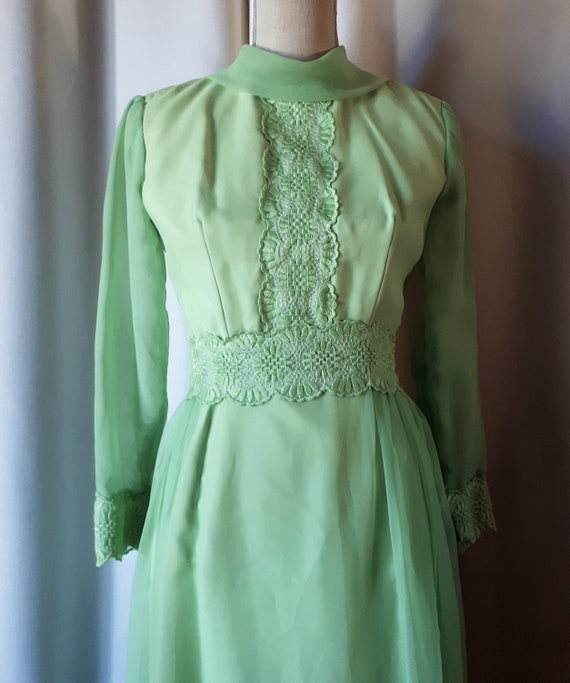 Vintage 1960s Green Chiffon Maxi Dress Sz Medium