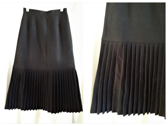 Vintage 1980s Black Pleated Wool Midi Skirt Size M