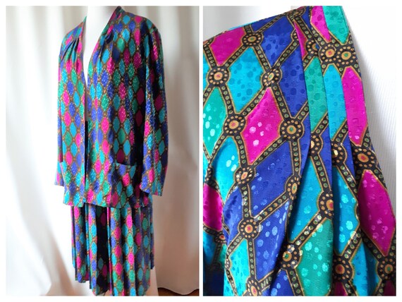 Vintage 1980s Tan Jay Jewel Tone Skirt And Blazer