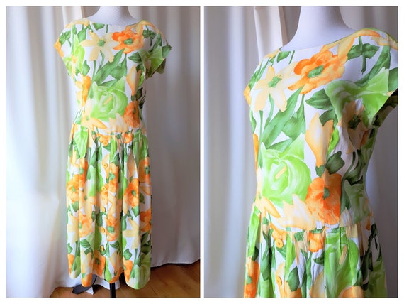 Vintage 1980s Floral Dropped Waist Midi Dress Size