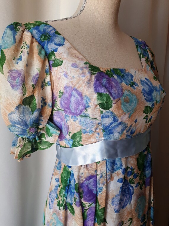 Vintage 1960s Empire Waist Floral Puff Sleeve Maxi