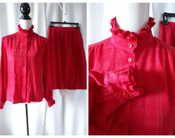 Size Small Vintage 1980s Garey Petites Ruffled Blouse And Matching Skirt
