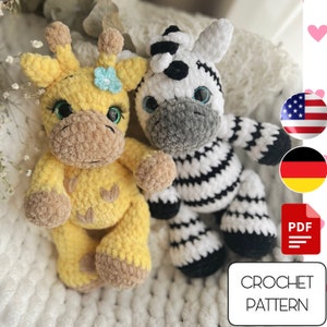 Crochet Giraffe Zebra Amigurumi Pattern - Amigurumi Giraffe plush pattern - Crochet Zebra Digital pattern - Crochet animals