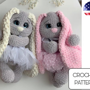 Crochet bunny with long air ears pdf pattern - crochet rabbit amigurumi - crochet animals -plush bunny toy pattern