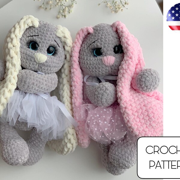 Crochet bunny with long air ears pdf pattern - crochet rabbit amigurumi - crochet animals -plush bunny toy pattern