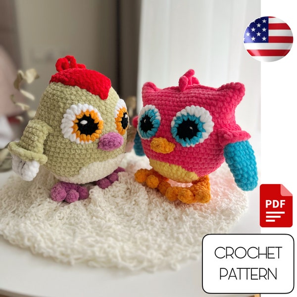 Hop Hop el búho y Peck Peck el pájaro carpintero Amigurumi Crochet Pattern