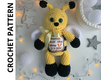 Crochet big bee toy pattern, amigurumi bee toy pattern
