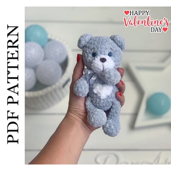 Crochet bear valentines toy pattern, amigurumi small teddy bear toy, stuffed animals