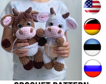 Crochet Baby Cow and Baby Bull 2in1 PDF Pattern, crochet calf toy, crochet ox, crochet animals