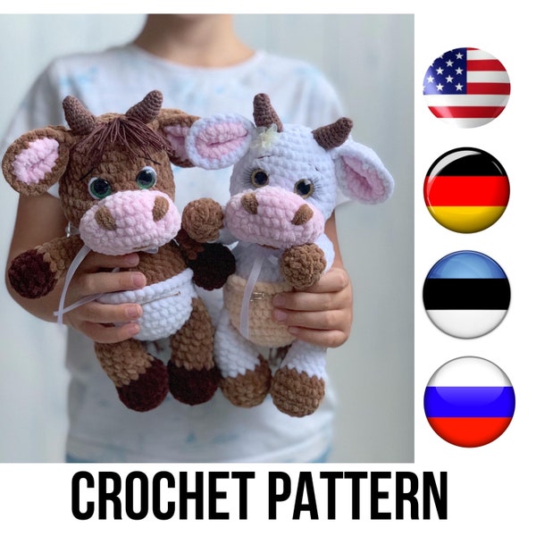 Crochet Baby Kuh und Baby Bulle 2in1, PDF Anleitung, gehäkeltes Kälbchen Spielzeug, gehäkelter Ochse, gehäkelte Tiere