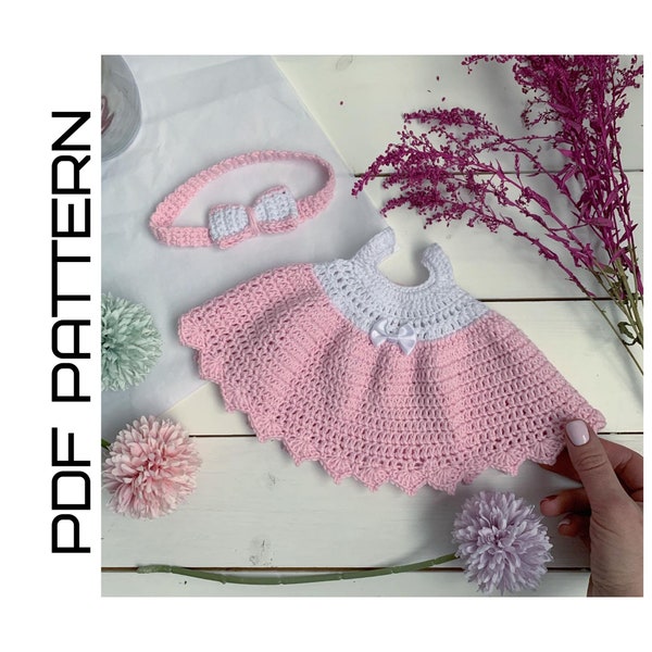 Crochet Pattern outfit for doll, crochet doll dress, crochet headband, dress for toy, clothes set