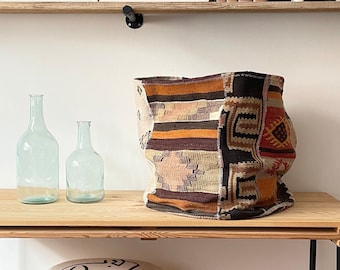 Storage Organizer, Unique Laundry Bag, Handmade Vintage Kilim Basket