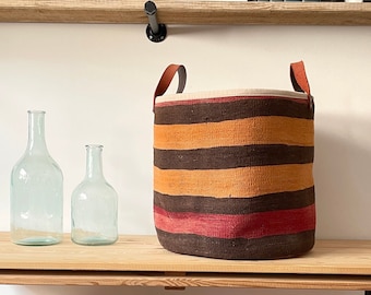 Unique Laundry Basket, Handmade Vintage Kilim Leather Basket