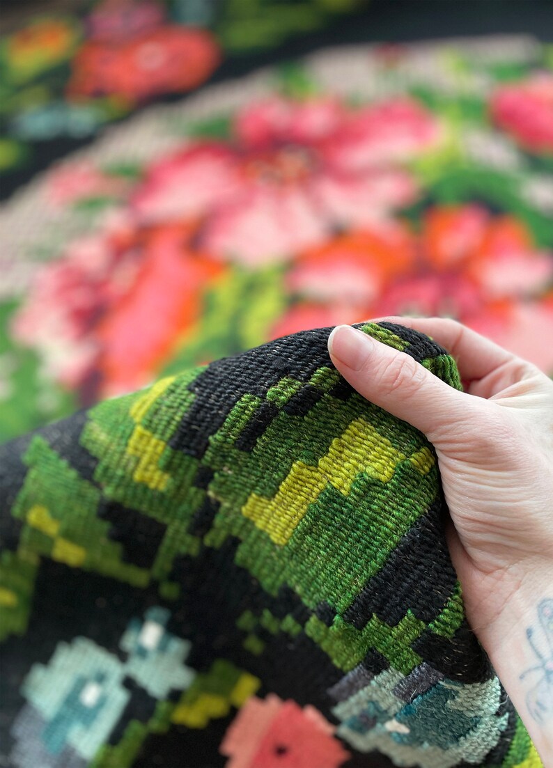 handmade Moldovan floral wool kilim rug, black, pink, red, green color design, decorative area oriental rug