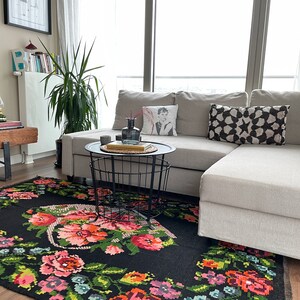 handmade Moldovan floral wool kilim rug, black, pink, red, green color design, decorative area oriental rug