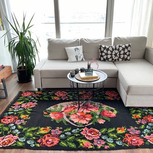 handmade Moldovan floral wool kilim rug, black, pink, red, green color design, decorative area oriental rug