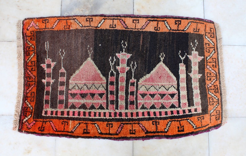 Handmade Turkish Vintage Small Rug Carpet 0.79 x 0.50 cm Bathroom Mat No637 Door Mat 31 x 20