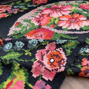 handmade Moldovan floral wool kilim rug, black, pink, red, green color design, decorative area oriental rug