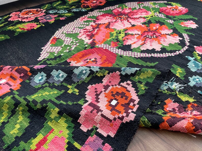 handmade Moldovan floral wool kilim rug, black, pink, red, green color design, decorative area oriental rug