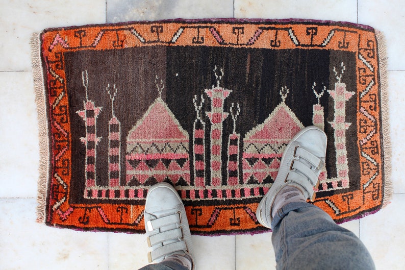 Handmade Turkish Vintage Small Rug Carpet 0.79 x 0.50 cm Bathroom Mat No637 Door Mat 31 x 20