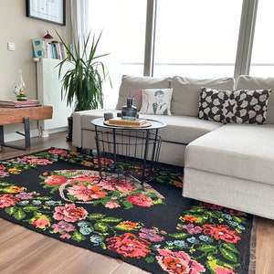 handmade Moldovan floral wool kilim rug, black, pink, red, green color design, decorative area oriental rug