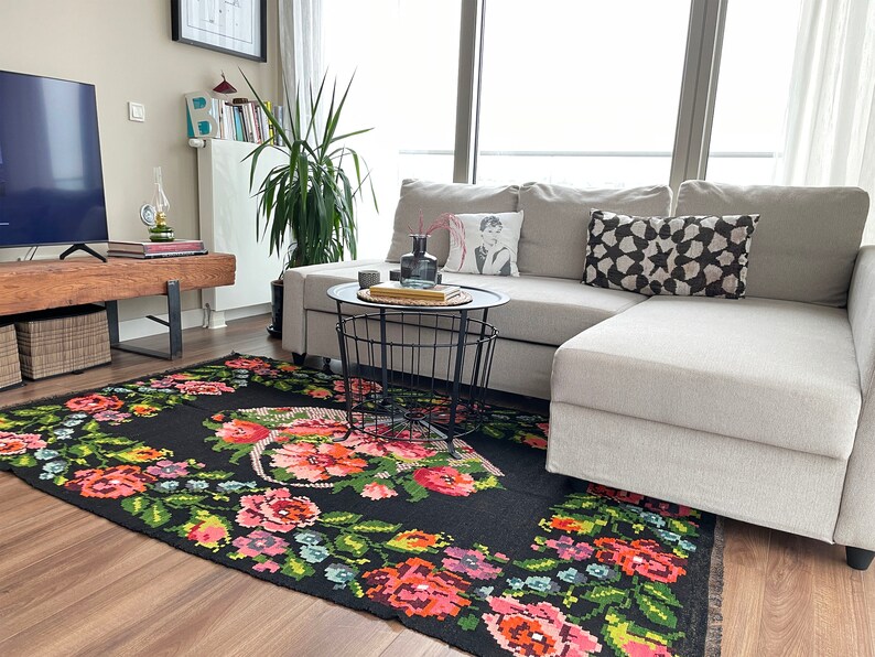 handmade Moldovan floral wool kilim rug, black, pink, red, green color design, decorative area oriental rug