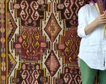 Genuine HANDMADE VINTAGE TURKISH Kilim Rug 12'5'' x 4'6'' Antique Anatolian Kars Kilim Rugs For Bedroom Kitchen&Dining /Home Decor/ No3056