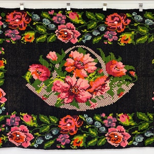 handmade Moldovan floral wool kilim rug, black, pink, red, green color design, decorative area oriental rug