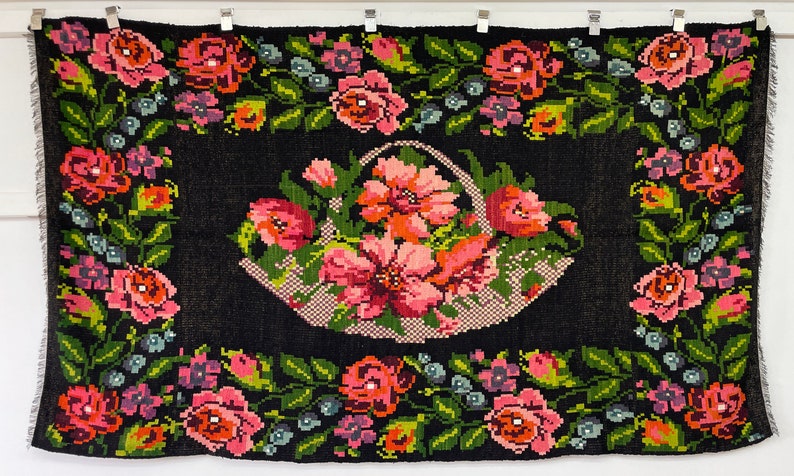 handmade Moldovan floral wool kilim rug, black, pink, red, green color design, decorative area oriental rug