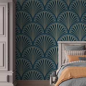 Art Deco Fan Pattern Wallpaper – Peel and Stick Gold & Teal Geometric Wall Mural