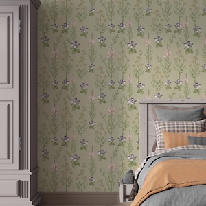 Sage Green Wildflower Peel and Stick Wallpaper: Botanical Boho Decor