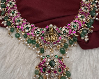 Jadau Kundan Traditional Goddess Lakshmi Green Necklace, Indian Wedding Jewelry