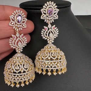 American Diamond Purple Jhumki Earrings, Ruby Emerald Purple Stone, Statement Jewelry