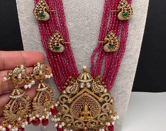 Onyx Crystal Pink Red Beads Goddess Lakshmi Necklace Indian Jewelry