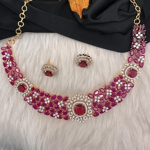 Ruby Red Neckline Necklace/ Dainty Cubic Zirconia Necklace AD