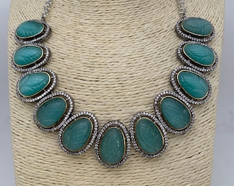 Mint Green Carved Oval Stone AD Victorian Polish Short Necklace