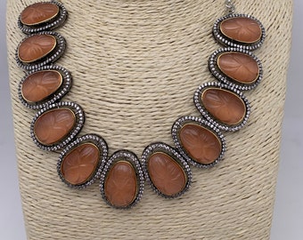 Peachish Brown Carved Oval Stone AD Victorian Polish Short Necklace