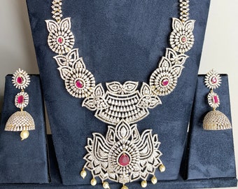 AD Ruby Red Stone Lotus Design Long Necklace, Bridal Jewlery