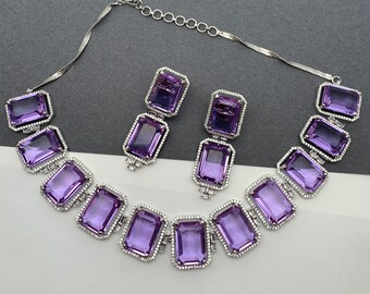 Doublet Silver Finish lavender Purple Neckline Short Necklace