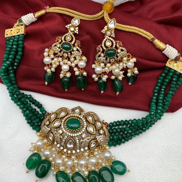 Kundan Choker| Green Beads Pearls Choker| Indian Jewelry| Pakistani Jewelry