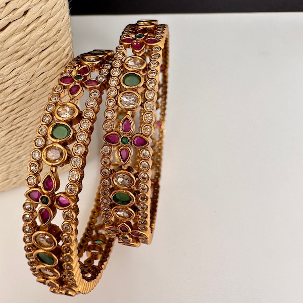 Matte Multi Stone Bangles/Indian One Gram Gold Bangles/South Bangles/Kada