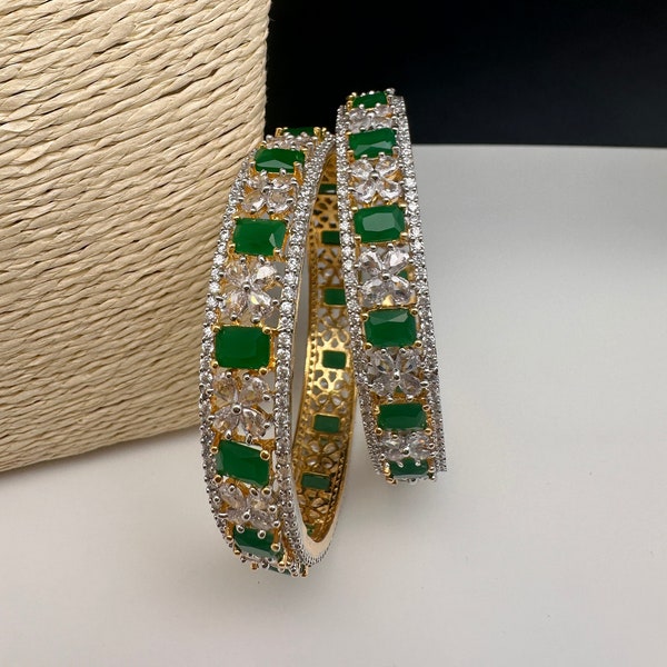 Diamond Emerald Bangles ,CZ Indian Bangles, Pakistani Jewelry, Green AD Bangles