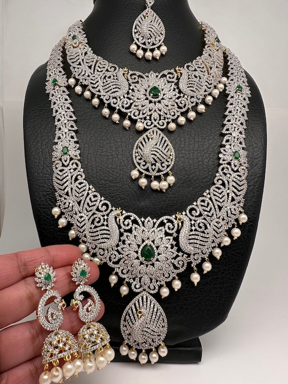 Diamond Finish Indian Bridal Necklace Set: Floral Peacock Jewelry
